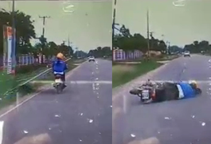 สาวขี่รถ จยย. เจอป้ายโฆษณาล้มใส่