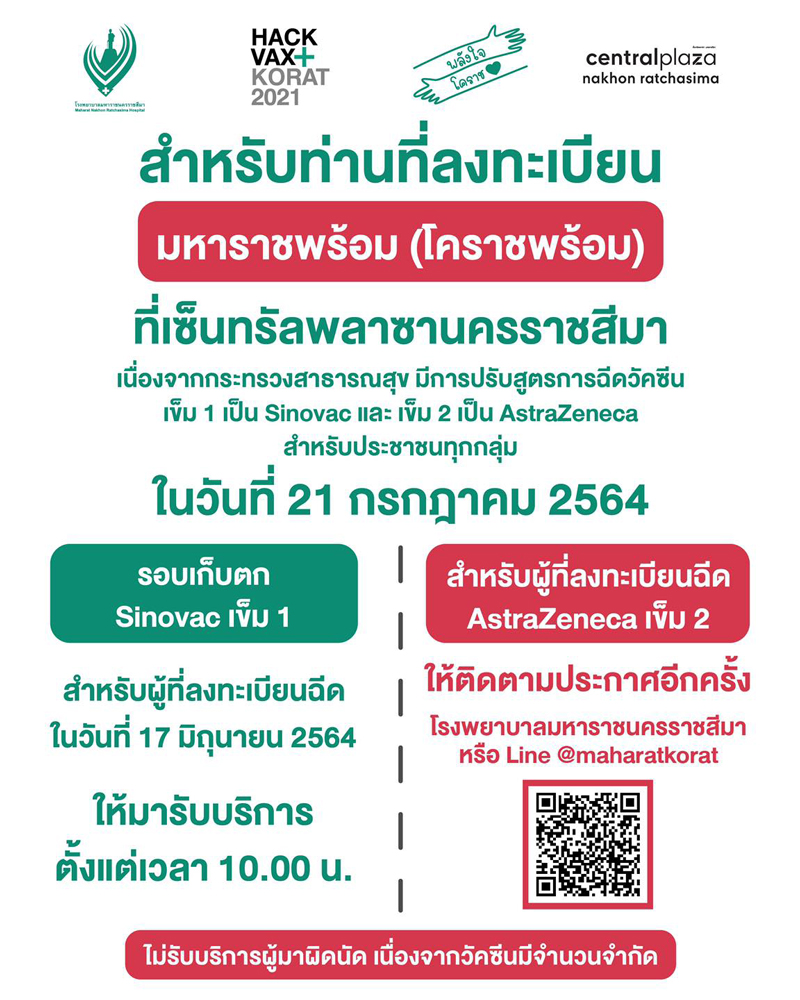 รพ.มหาราชโคราช เริ่มฉีดวัคซีนไขว้แล้ว ตามนโยบายกระทรวงสาธารณสุข