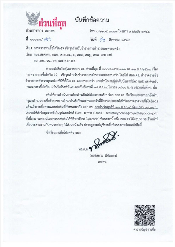 16-17ส.ค.นี้ตรวจโควิดเชิงรุกหน่วยขึ้นตรงตร.