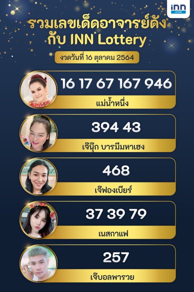 รวมเลขอาจารย์ดัง กับ INN Lottery งวดวันที่ 16 ตุลาคม 2564