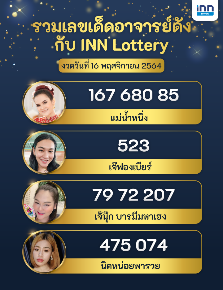 เลขเด็ด อาจารย์ดัง กับ INN Lottery งวดวันที่ 16 พฤศจิกายน 2564