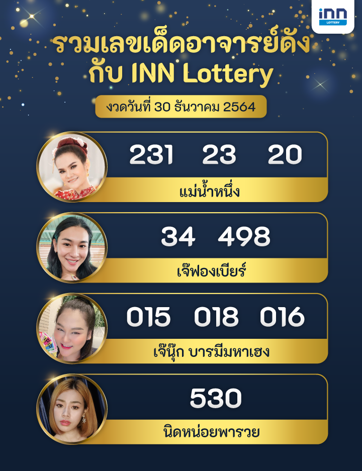 เลขเด็ด อาจารย์ดัง กับ INN Lottery งวดวันที่ 30 ธันวาคม 2564