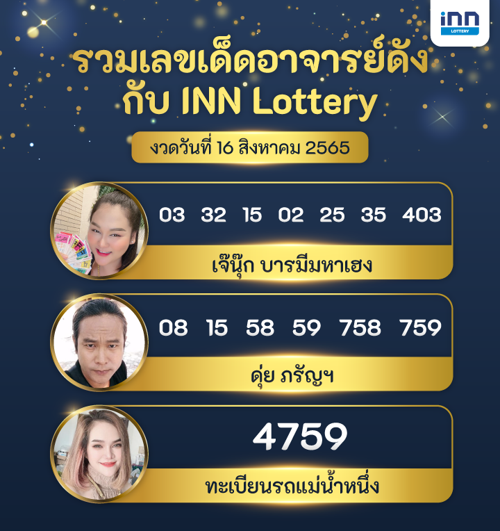รวมเลขเด็ดกับ INN Lottery งวดวันที่ 16 สิงหาคม 2565
