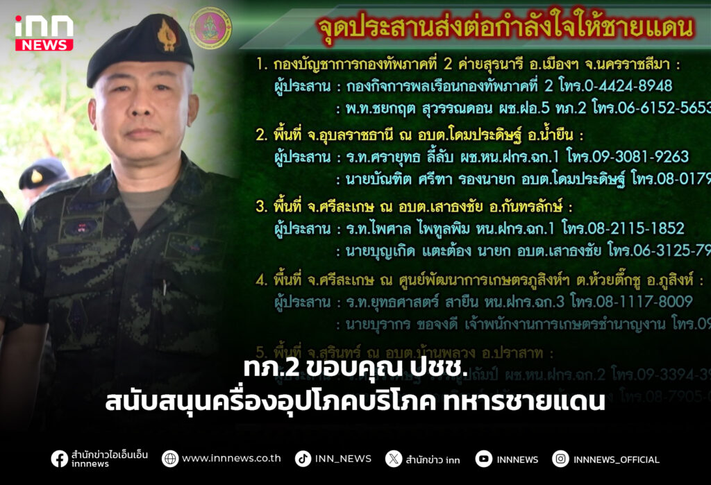 ทภ.2 ขอบคุณปชช.สนับสนุนครื่องอุปโภคบริโภคทหารชายแดน