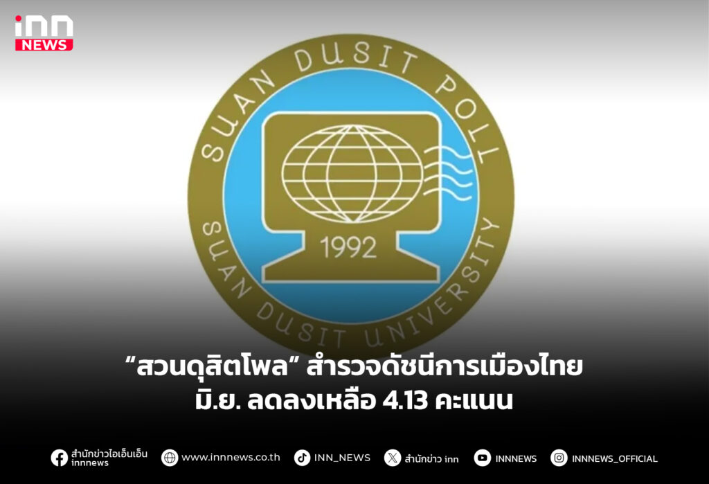 “สวนดุสิตโพล” สำรวจดัชนีการเมืองไทย มิ.ย. ลดลงเหลือ 4.13 คะแนน