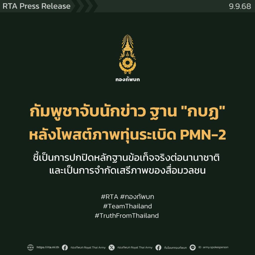 โฆษก ทบ. ตอกกลับ เขมรจับ 2 นักข่าว ฐานกบฏ หลังโพสต์ภาพทุ่นระเบิด