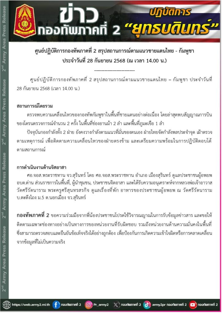 ทภ.2 พบโดรนตรวจการณ์ “กัมพูชา” ที่ช่องอานม้า-ภูมะเขือ รวม 3 ลำ