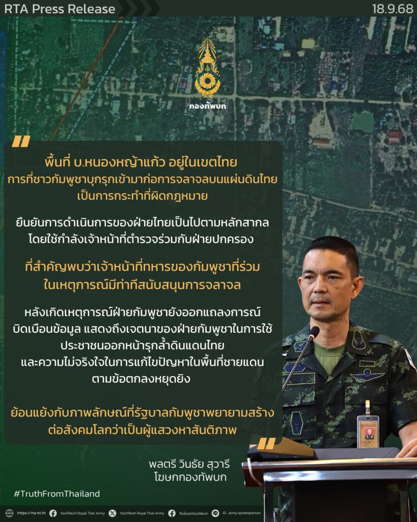 ทบ.โต้กัมพูชา ชี้บิดเบือน ยันทำตามหลักสากล