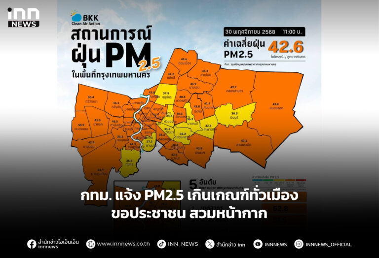 กทม. แจ้ง PM2.5 เกินเกณฑ์ทั่วเมือง ขอประชาชน สวมหน้ากาก