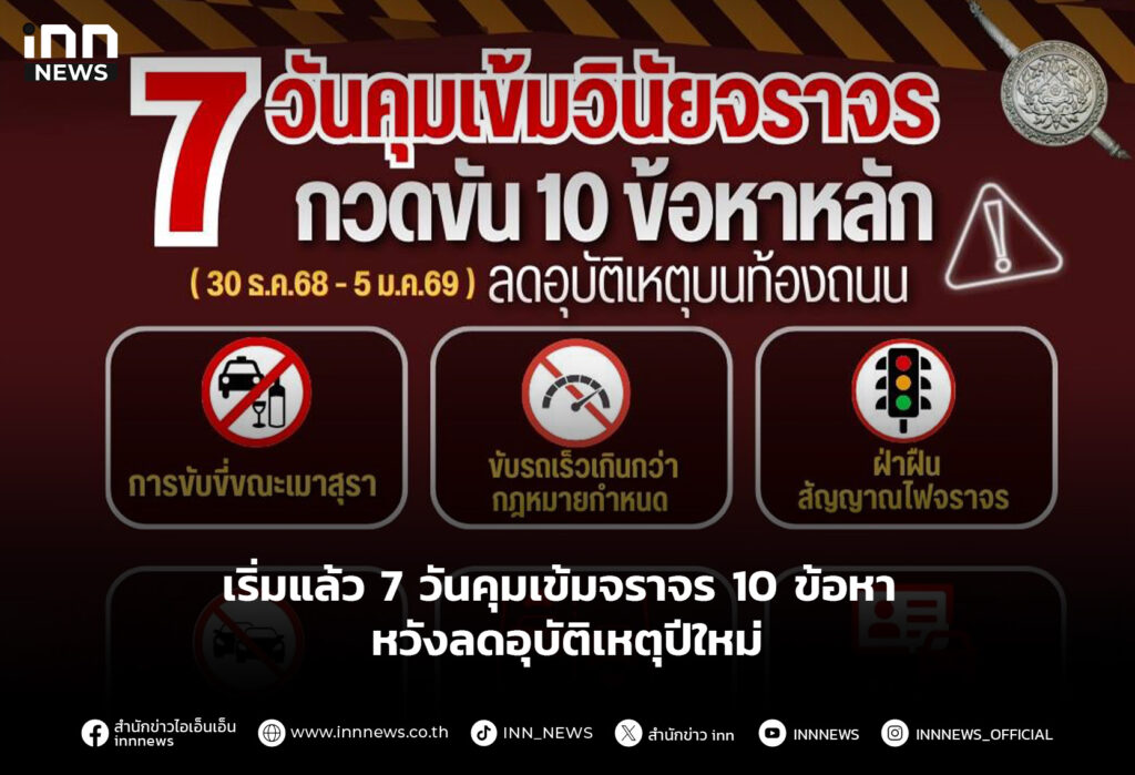 เริ่มแล้ว 7 วันคุมเข้มจราจร 10 ข้อหา หวังลดอุบัติเหตุปีใหม่