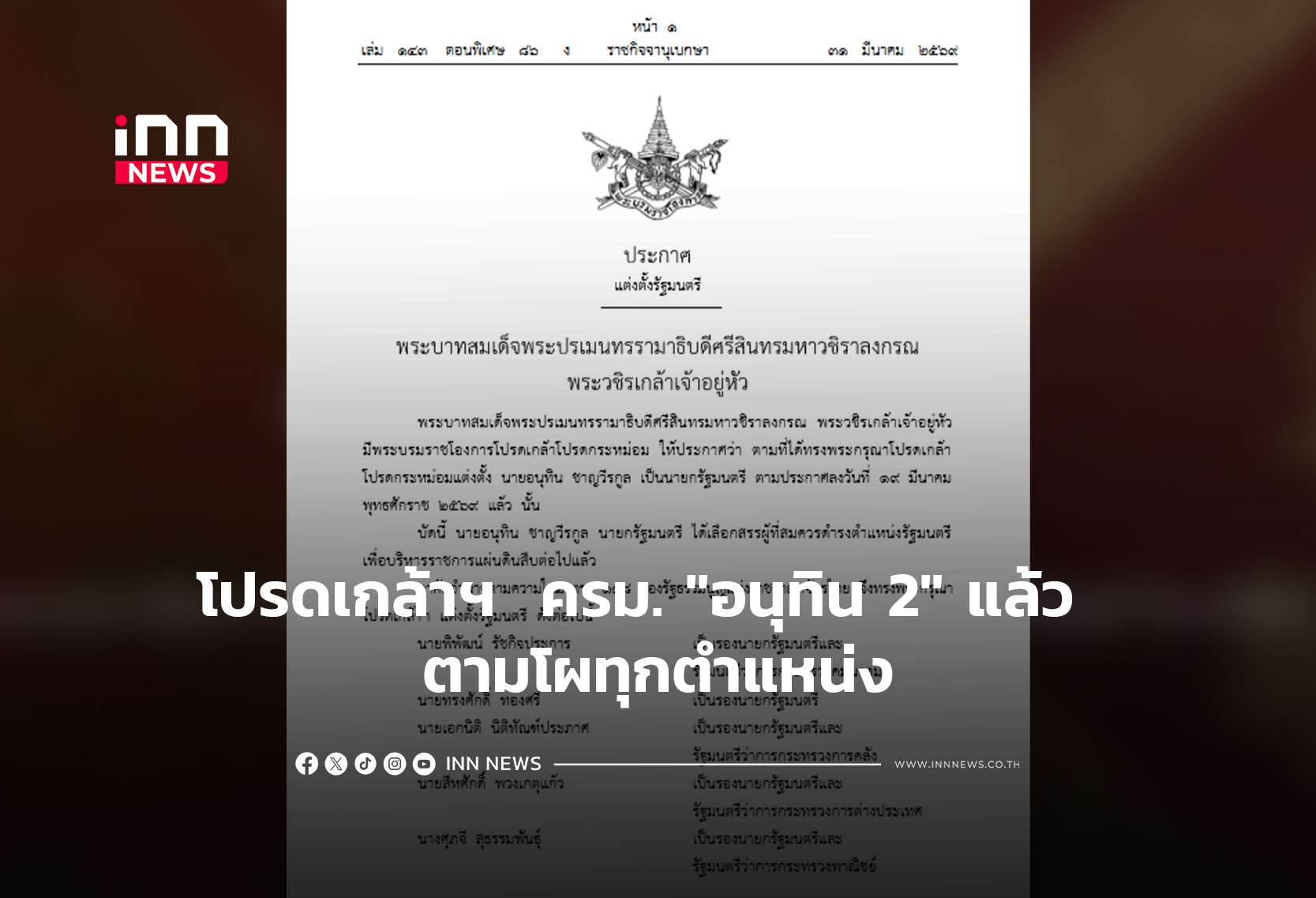 โปรดเกล้าฯ  ครม. “อนุทิน 2” แล้ว  ตามโผทุกตำแหน่ง