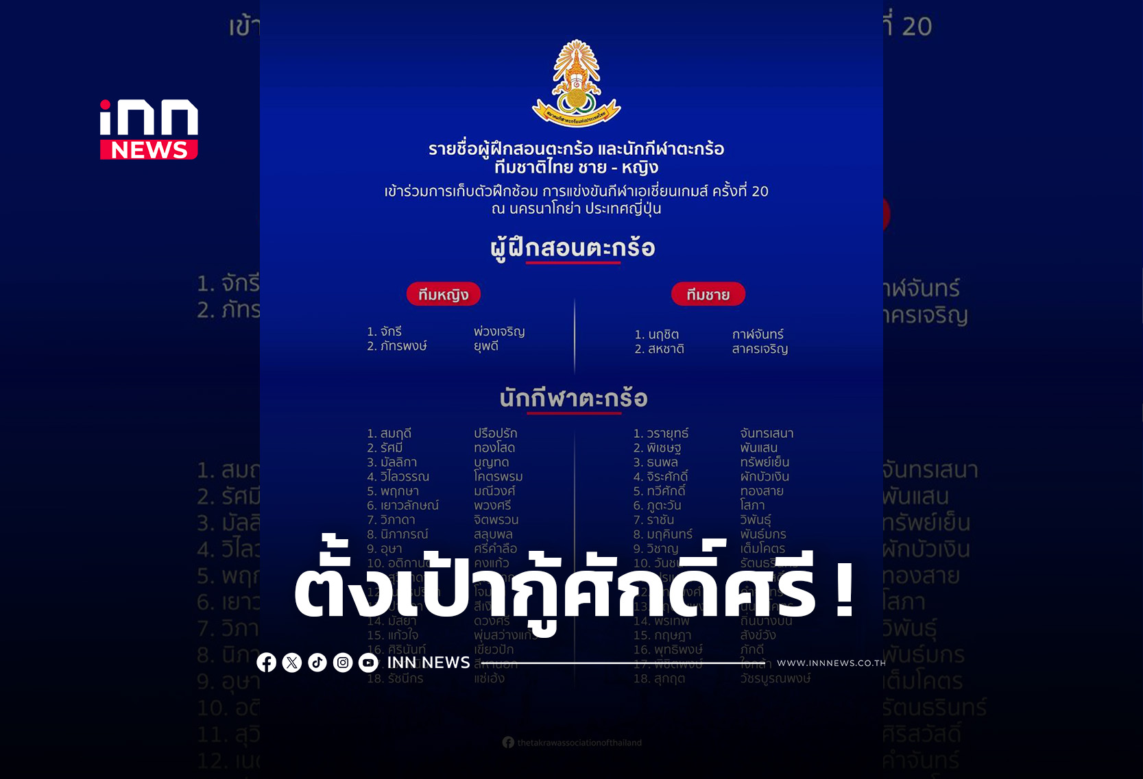 “ส.ตะกร้อไทย” กางโผนักกีฬาและโค้ชสู้ศึกเอเชี่ยนเกมส์