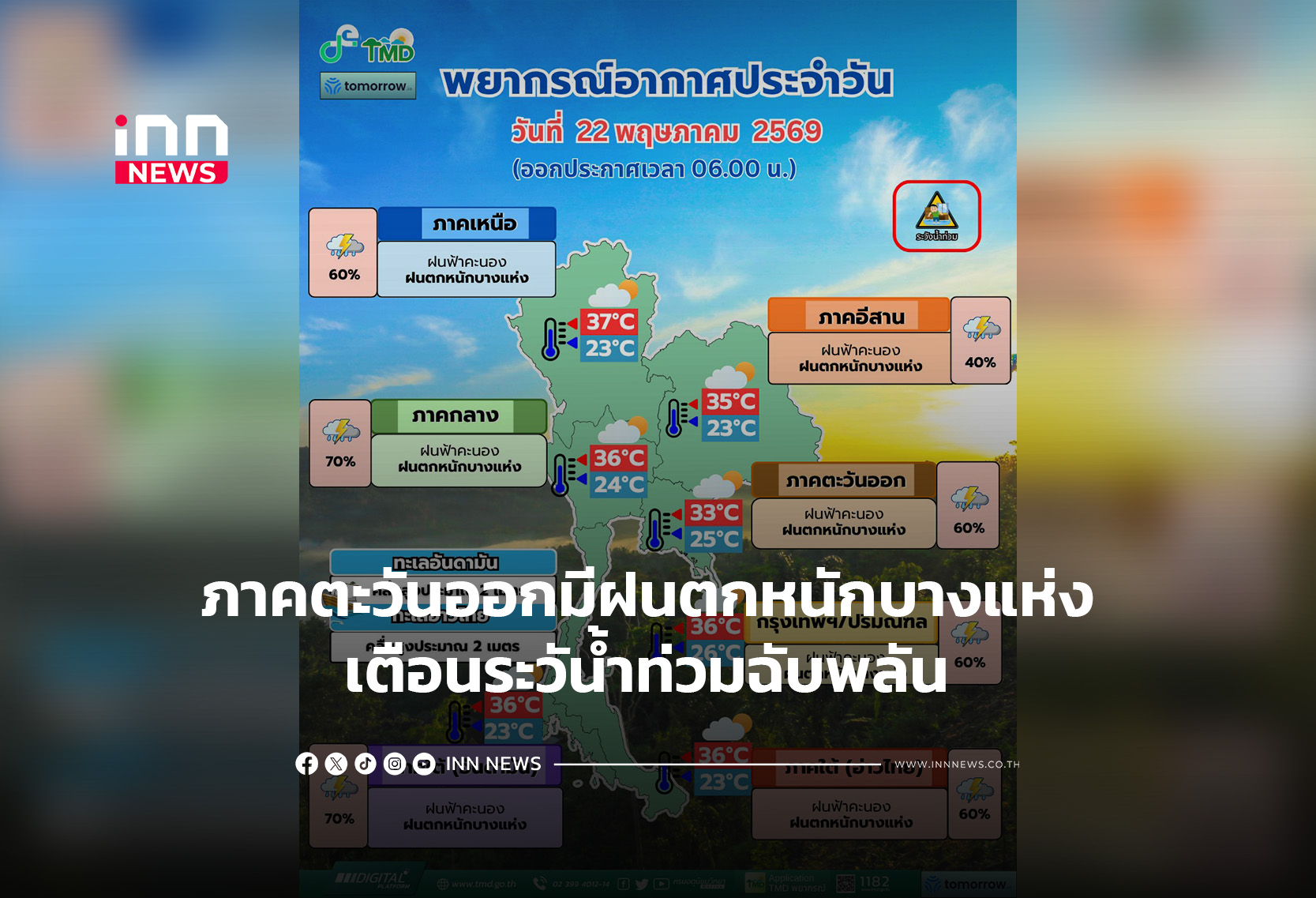ภาคตะวันออกมีฝนตกหนักบางแห่ง เตือนระวัน้ำท่วมฉับพลัน