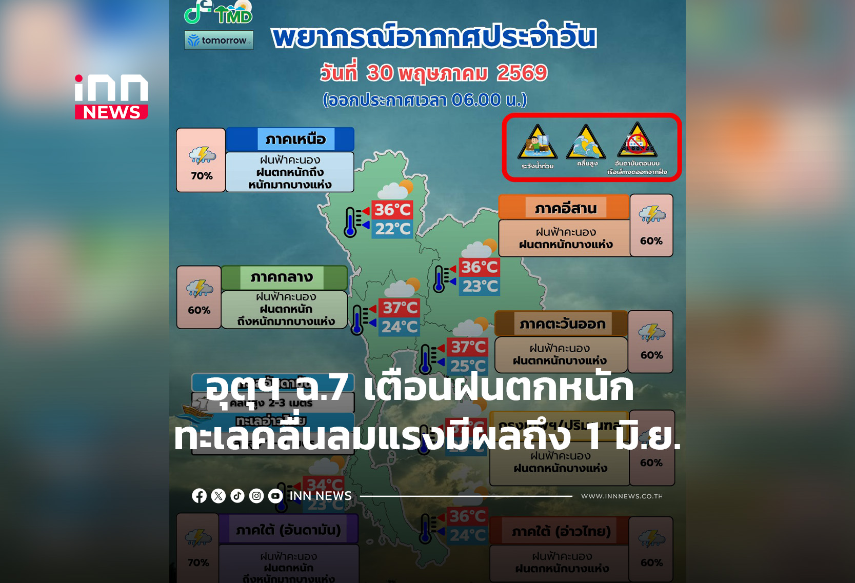 อุตุฯ ฉ.7 เตือนฝนตกหนัก ทะเลคลื่นลมแรงมีผลถึง 1 มิ.ย.