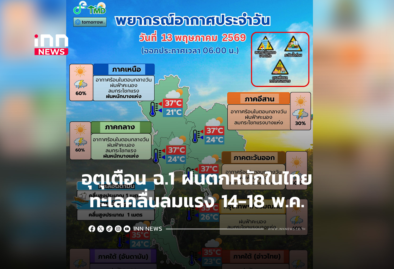 เตือน ฉ.1 ฝนตกหนักในไทยทะเลคลื่นลมแรง 14-18 พ.ค.