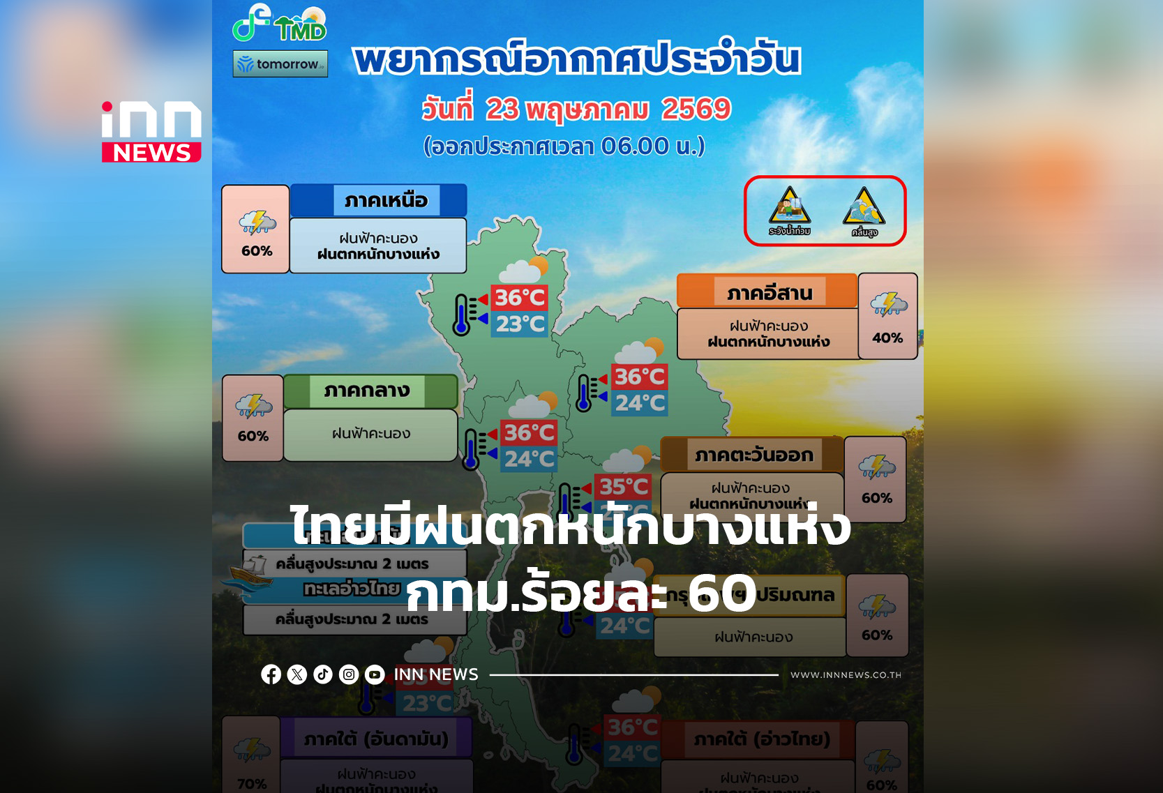 ไทยมีฝนตกหนักบางแห่ง กทม.ร้อยละ 60