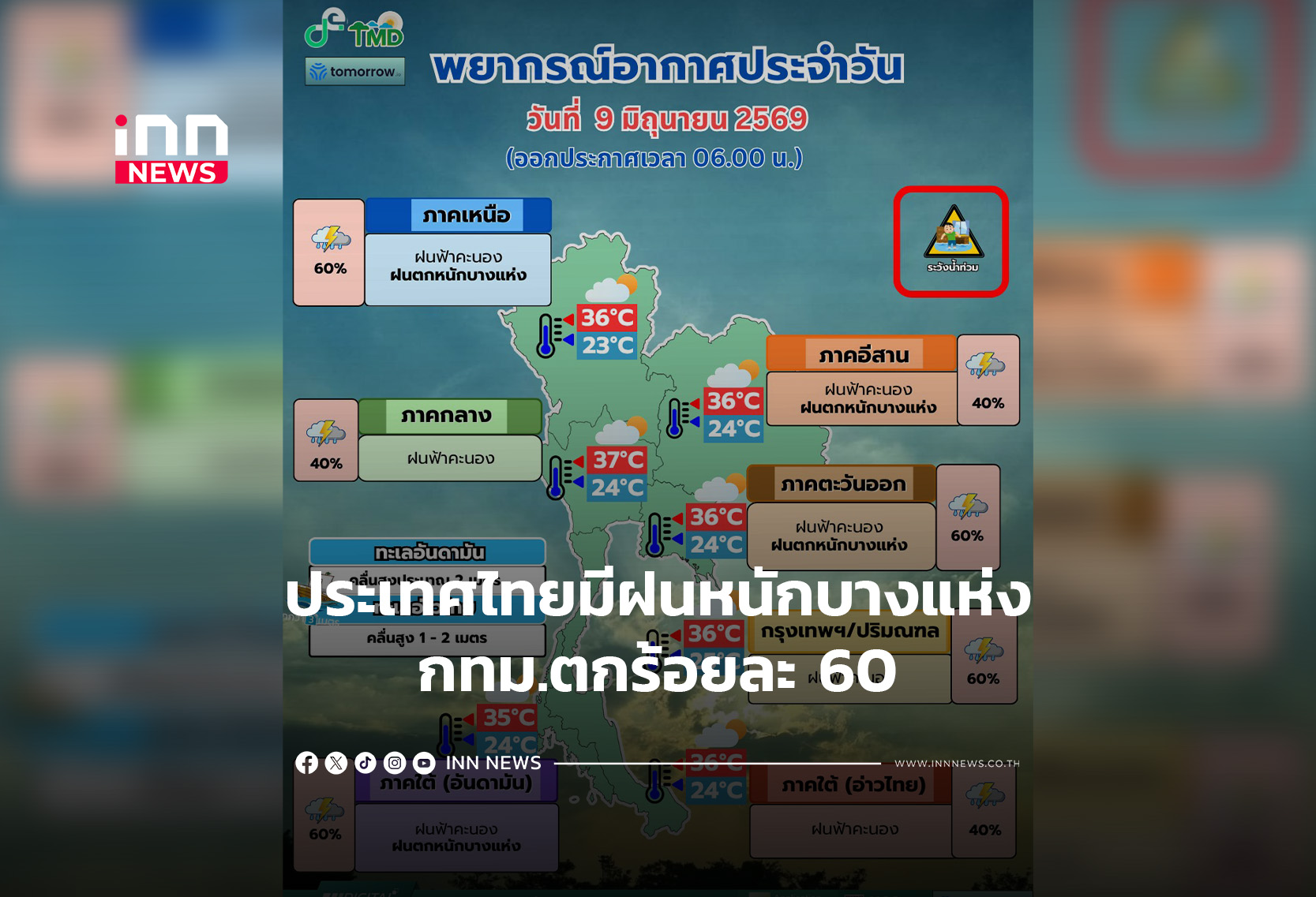 ประเทศไทยมีฝนหนักบางแห่ง กทม.ตกร้อยละ 60
