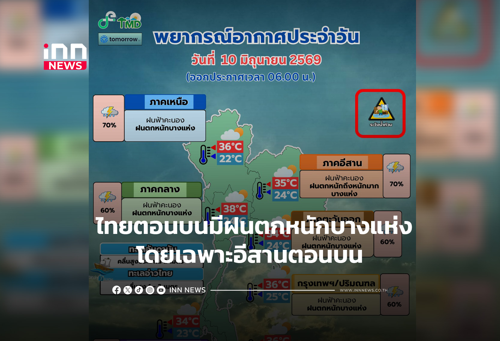 ไทยตอนบนมีฝนตกหนักบางแห่งโดยเฉพาะอีสานตอนบน