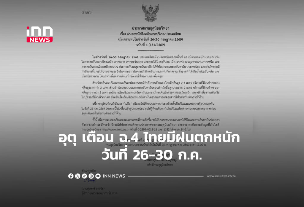อุตุ เตือน ฉ.4 ไทยมีฝนตกหนัก วันที่ 26-30 ก.ค.